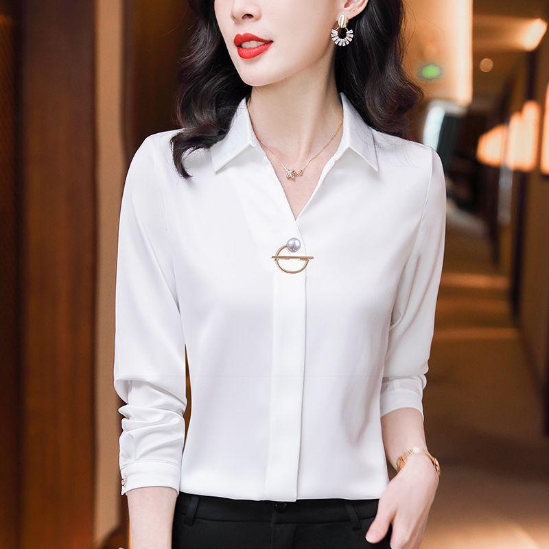 Basic Office Lady Solid Color Shirt Female Clothing Elegant Fashion V-Neck Spring Autumn Commuter Korean Long Sleeve Blouse
