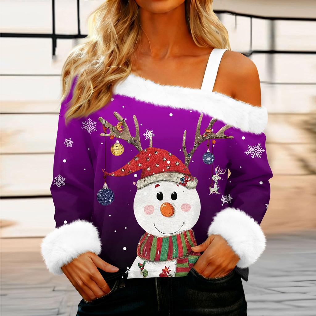 Dámská ležérní móda Sexy top s odhalenými rameny a vánočním vzorem, s dlouhým rukávem a kulatým výstřihem