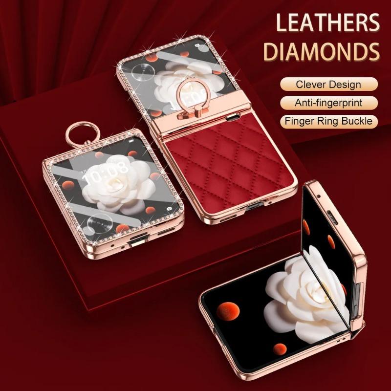 Galvanisiertes Lederetui mit Fingerringhalter für Honor Magic V Flip. Luxuriöse Linsenschutzbeschichtung mit Diamanten für Honor MagicV Flip LRA-AN00