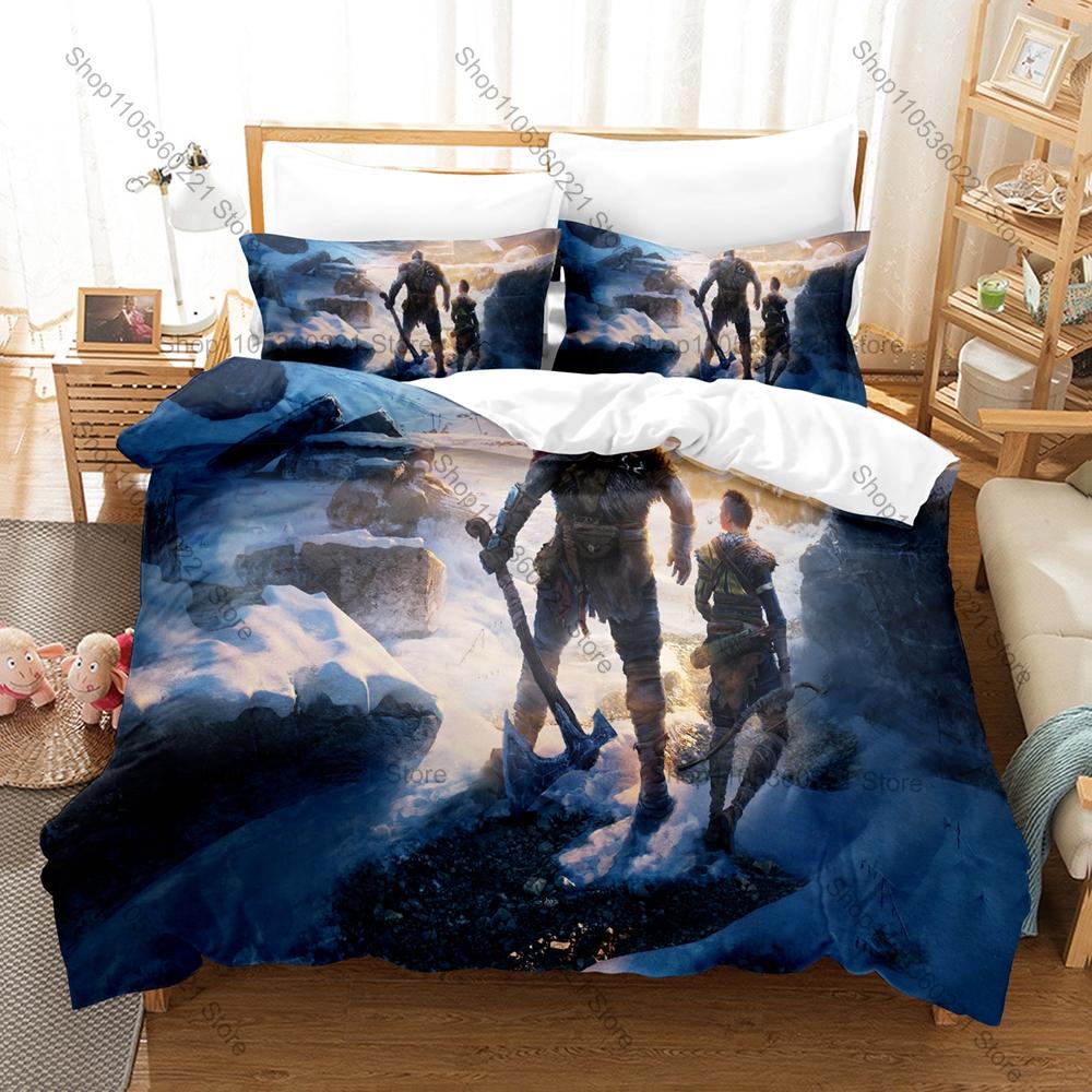 Grafika Wojownika Kratos i Atreus God Of War Ragnarok Przygoda w Dzikim Lesie Gra Walki Pościel Poszewka na Kołdrę + 2 Poszewki na Poduszki