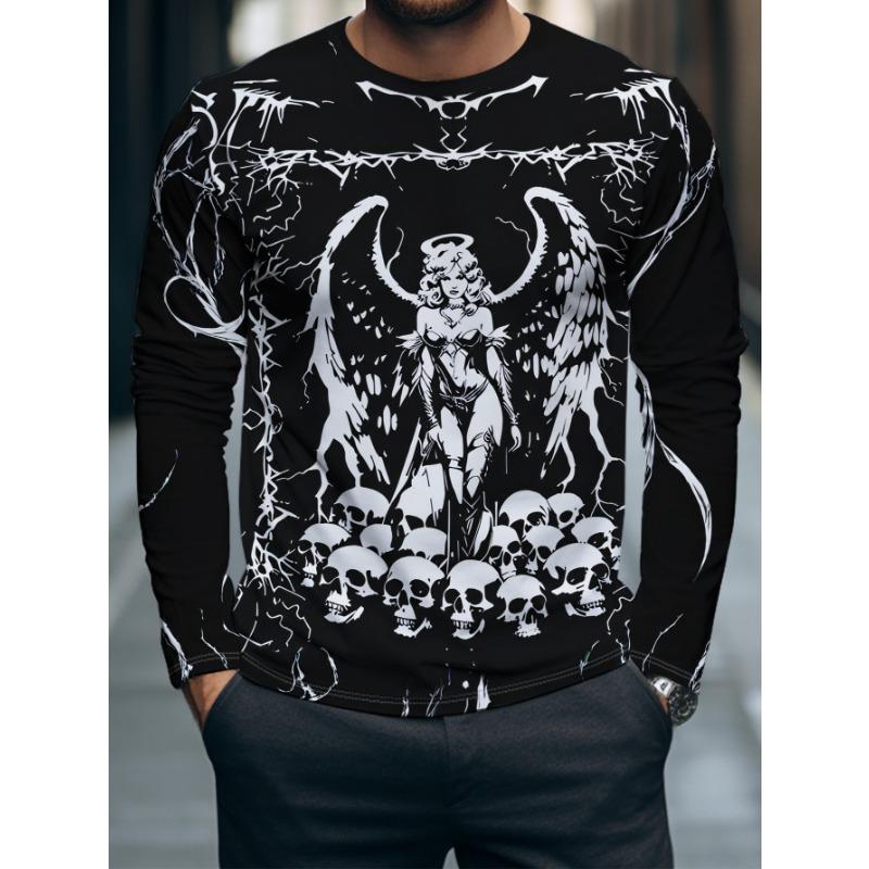 T-shirt Homme Manches Longues Ange Noir Crâne Épine Impression 3D Noir Blanc Streetwear Gothique Haut Décontracté