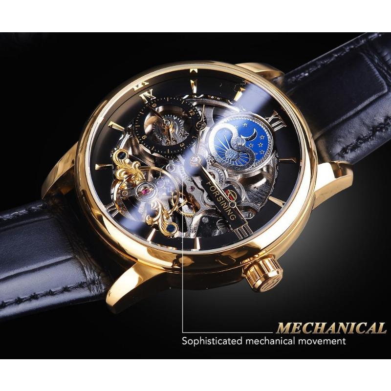 FORSINING Men's Luxury Automatic Mechanical Watch Leather Strap Automatic Tourbillon Hollow Mechanical Watch