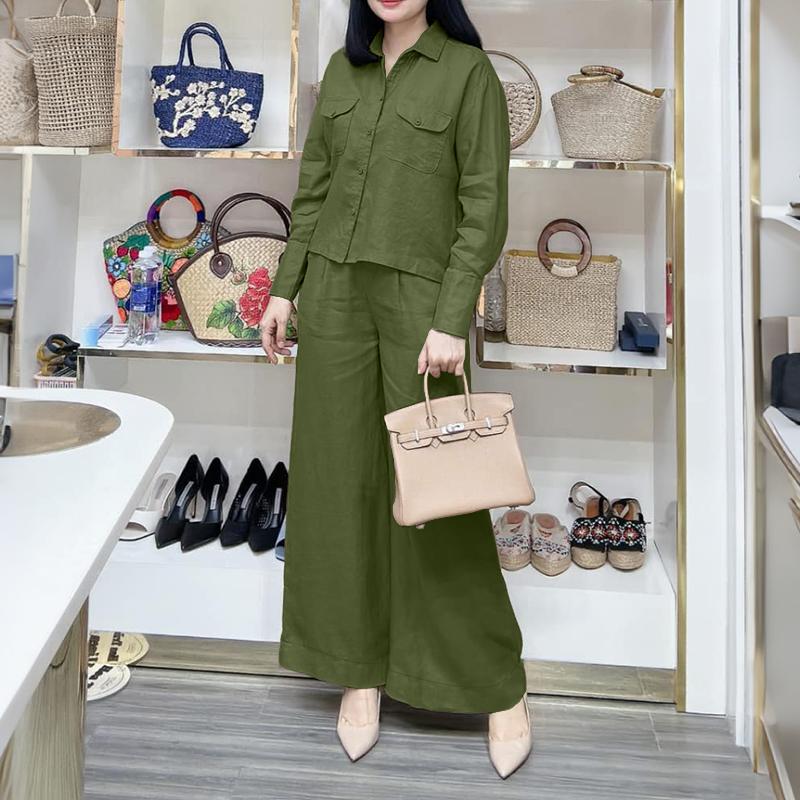 

ZANZEA Женская блузка с длинным рукавом и брюки повседневный комплект из двух частей 5XL армия зеленый