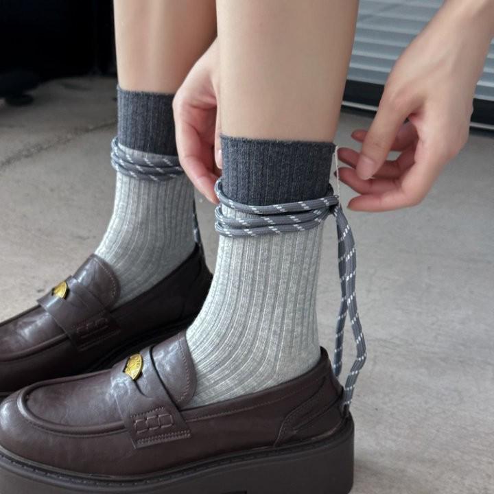 Autumn Lace-Up Mid-Calf Color Block Socks with Stylish Leather Shoes.