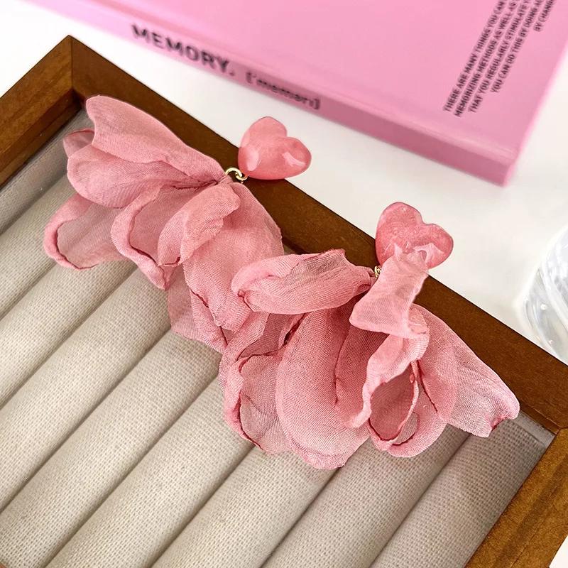 Pink Yarn Cloth Flower Resin Dangle Earrings for Women Big Statement Hanging Earrings Daily Fashion Jewelry