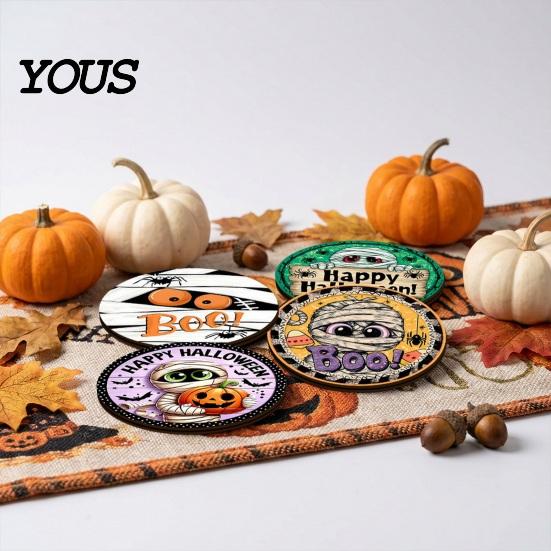 Coffee Table Protection Halloween Wooden Coasters, Decorative Drink Heat Resistant Mats Home Holiday Decorations for Mugs, Waterproof