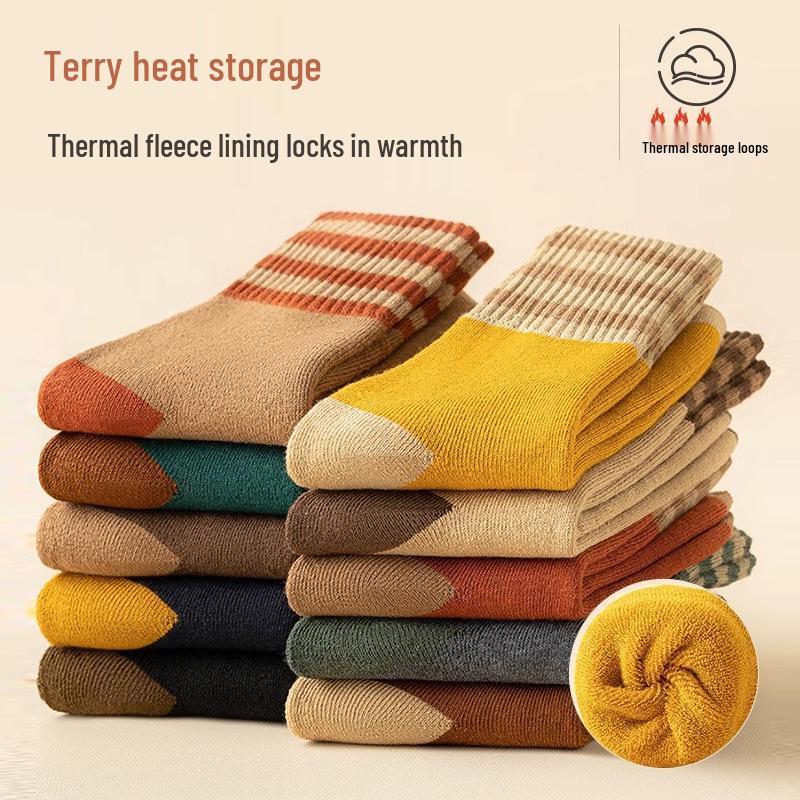Damen Verdickte Gestreifte Mid-Calf Socken: Fleecegefütterter Frottee für Wärme, Herbst- & Winter-Retro-Woll-Design