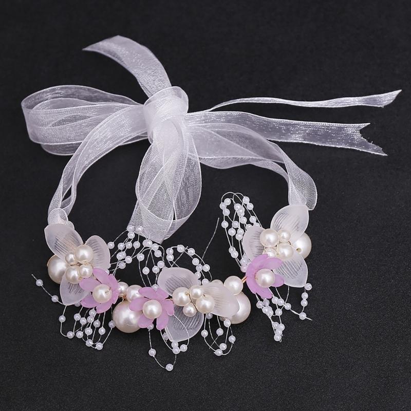 Flower Girl Tiaras Headband with Wrist Flower Artificial Pearls Flower Hairhoop For Wedding Dress And Formal Occasion