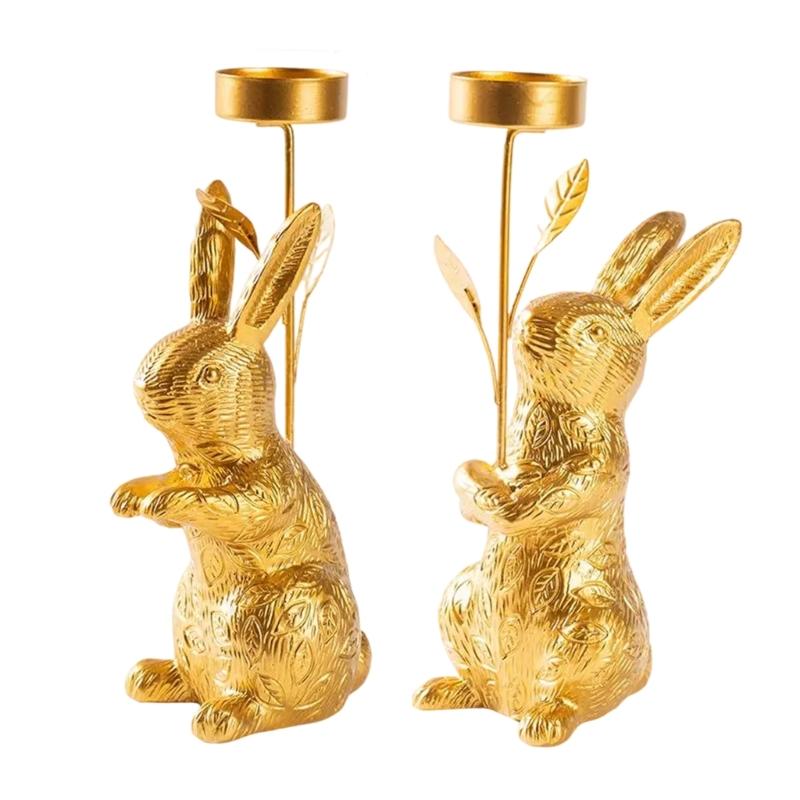 Easters Decors Candlestick Holder with Farmhouses Gold Bunnies Figurine Design for Table Centerpieces and Gift Giving