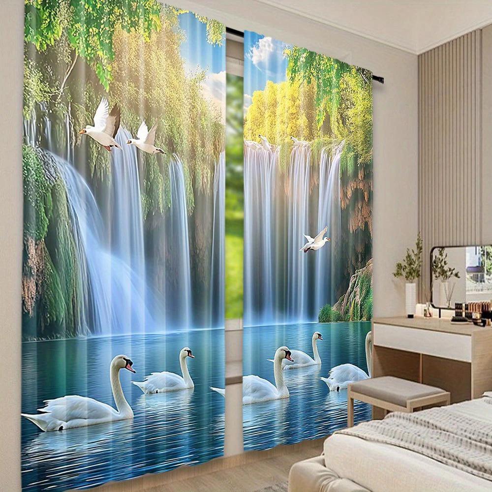 2pcs- Autumn natural forest landscape printed curtains, pole bag curtains, home decoration, room decoration