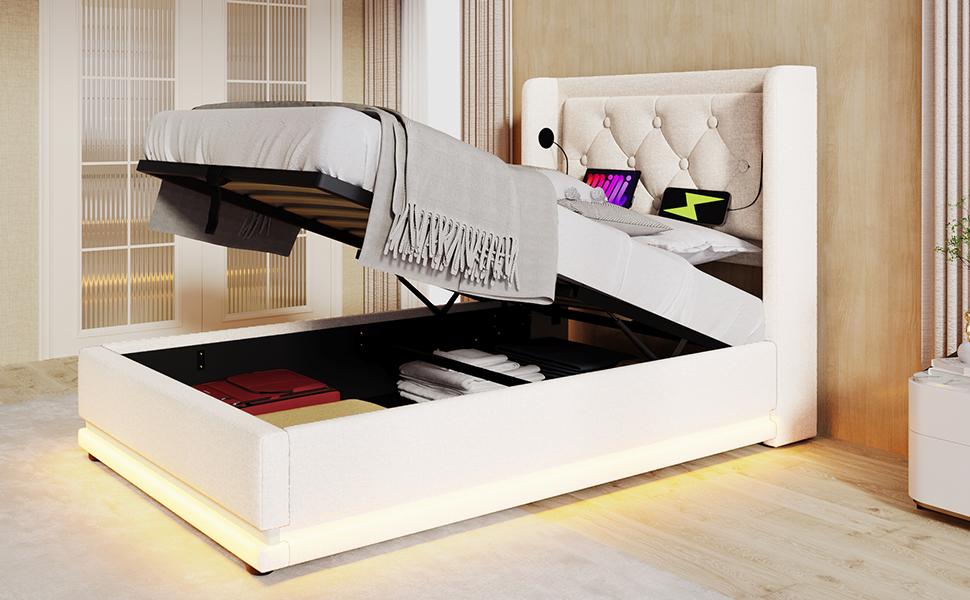 Upholstered Single Bed 90*200 cm, Beige Cotton Hydraulic Storage, Headboard with USB Type-C Charging, 3-Sided LED Function (Without Mattress)