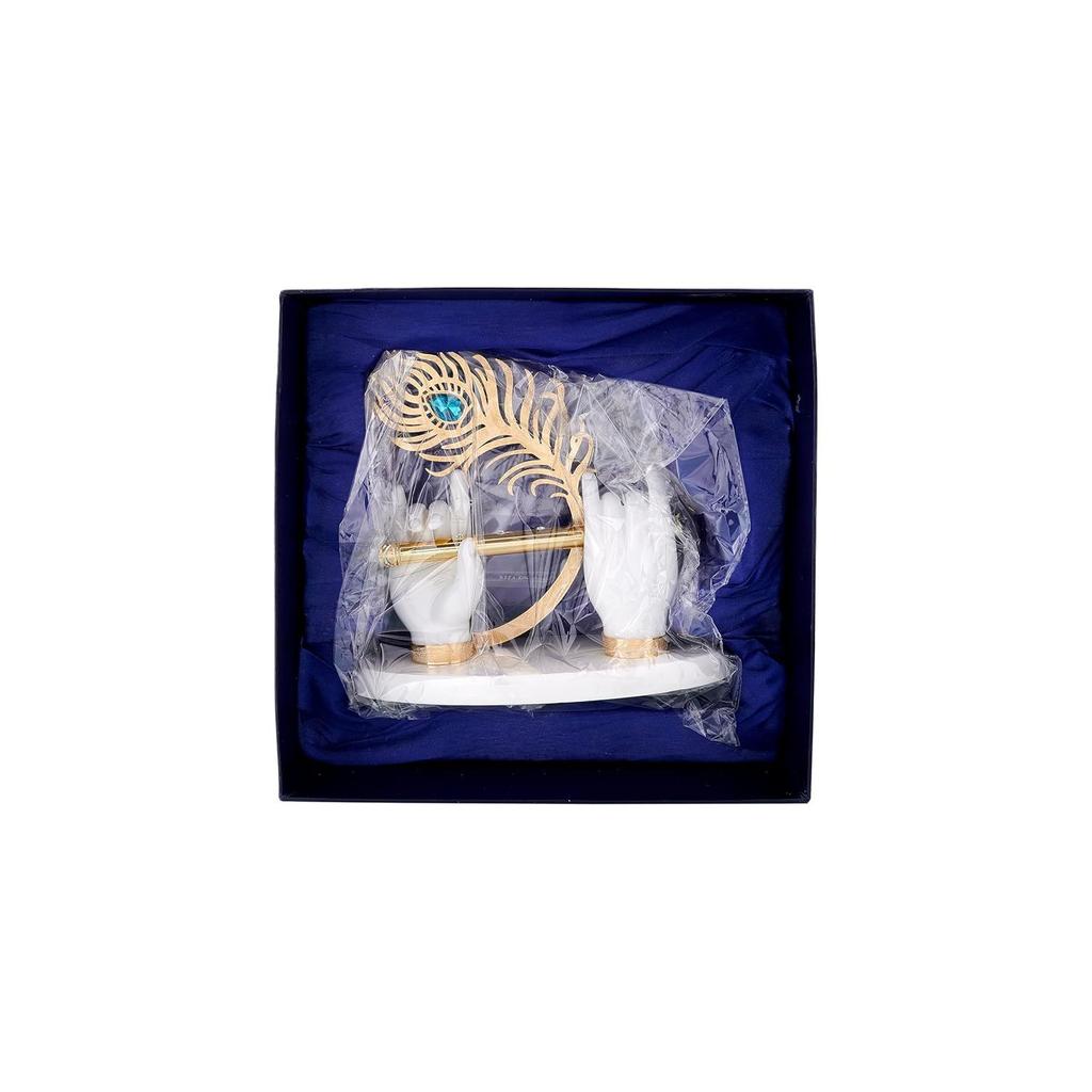 Gold Plated Krishna Ji Hand with Flute Figurine | 24K Gold Plated Lord Krishna Hand with White Resin Base