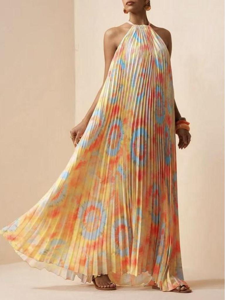 European & American Summer Resort Style Women's Lace-up Printed Pleated Dress