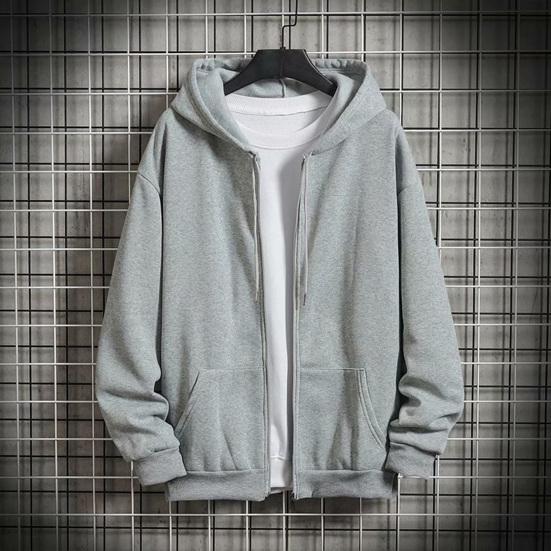 Men Hooded Jacket Zip-up Loose Sweatshirt Jacket Solid Color Casual