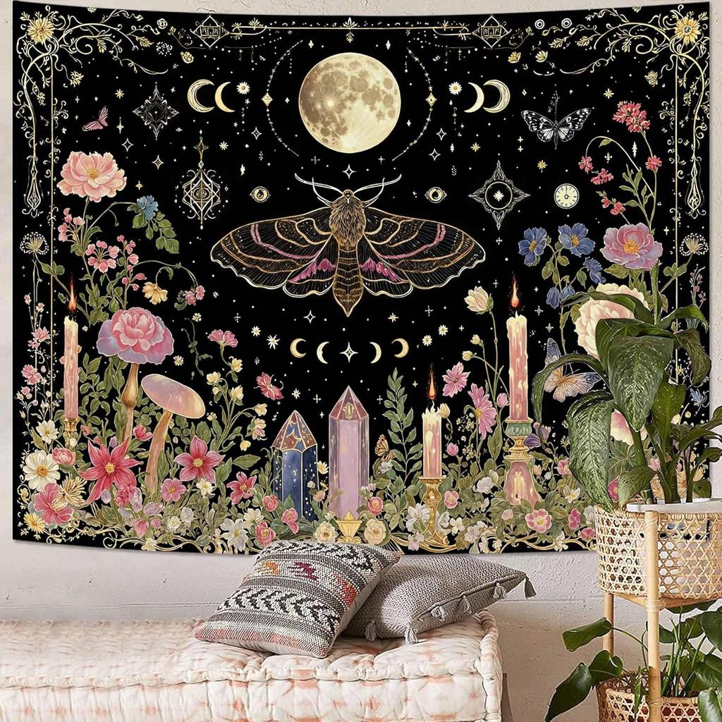 VIKAMA Yellow Butterfly Moonlight Flower Tapestry Retro Bohemian Style Living Room Dormitory Wall Hanging Home Decor