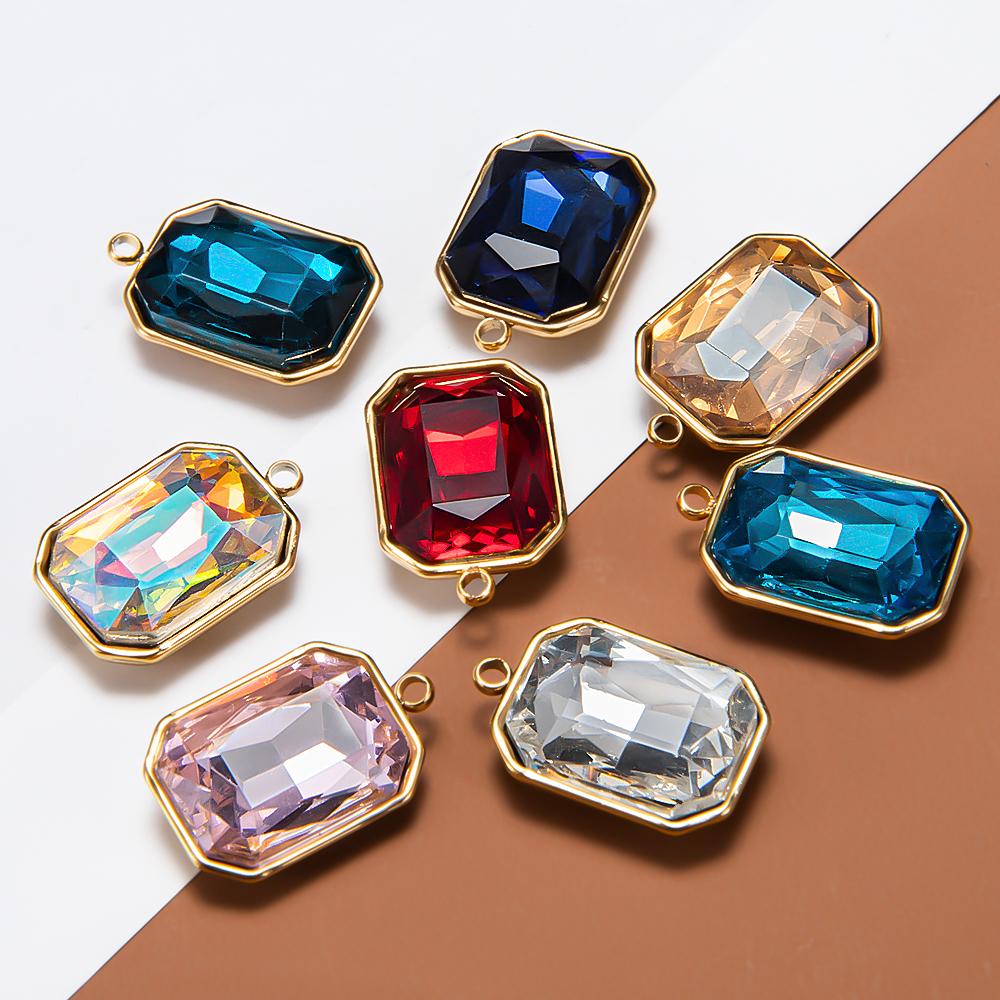 5pcs 12x16mm Stainless Steel Crystal Glass Charms Pendants Colorful Rectangle Charms for Necklace Beads Jewelry Making DIY