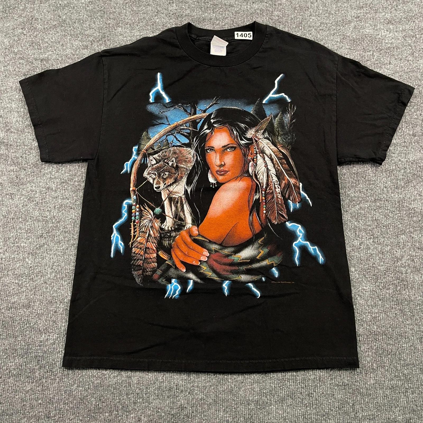 Vintage 90s Native-American Lighting Wolf Goddess Shirt Medium 20x28 USA Thunder M
