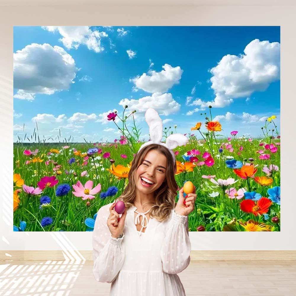 Frühlings-Hintergrund Garten Blüte Blume Blauer Himmel Weiße Wolke Baby-Geburtstags-Deko Banner Foto-Hintergrund für Fotostudio