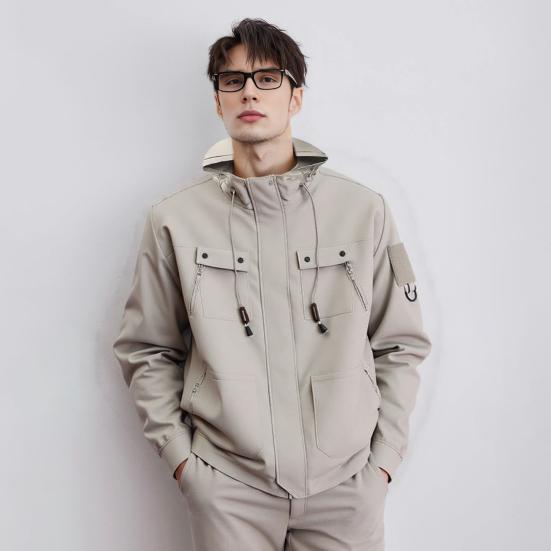 Men Jacket Hooded Long Sleeve Windproof Waterproof Windbreaker with Multi-Pocket Design Casual Sports Style Outerwear
