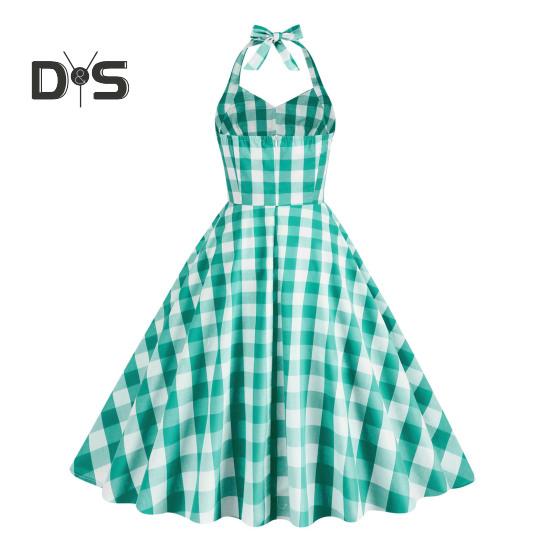 1950er Jahre Damen Rosa Kariertes Ärmelloses Kleid Schnürung Schleife Neckholder Versteckter Reißverschluss Skater Saum Cocktailparty Swing Kleid Hohe Taille A-Linie Kleid