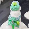 Green plaid frog pet 3-piece set (hat, overalls, leash). Breathable, stylish for spring/summer outings, walks and photos.