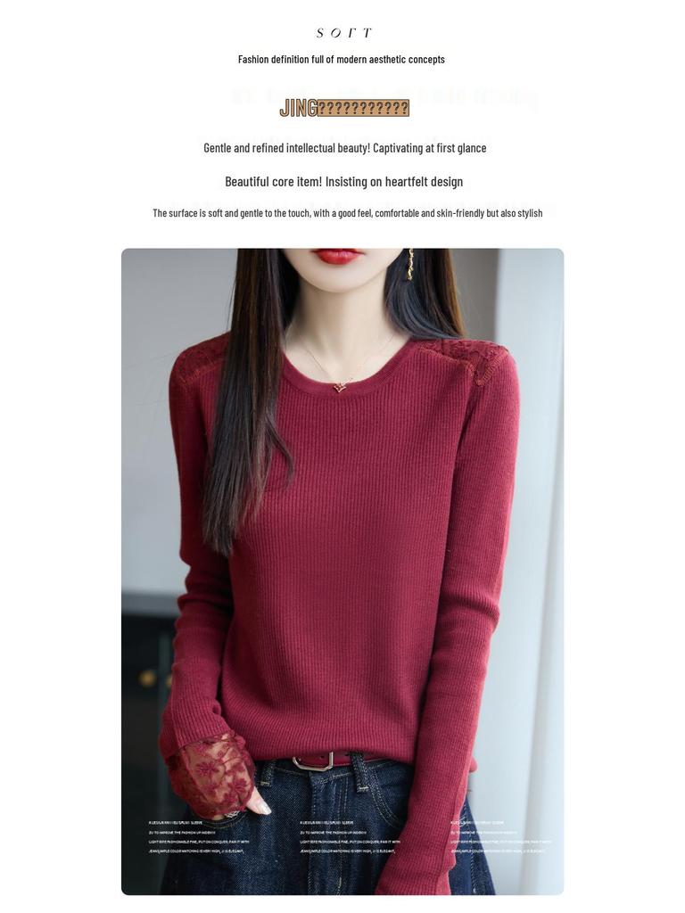 Černý krajkový patchworkový zeštíhlující svetr: Dámský pletený top s krajkovým lemem pro podzim/zimu