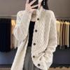 Damen-Cardigan aus Kaschmir-Imitat, verdickt, Zopfmuster, Stehkragen, Oberteil, locker, einfarbig, langärmelig, Woll-Strickjacke