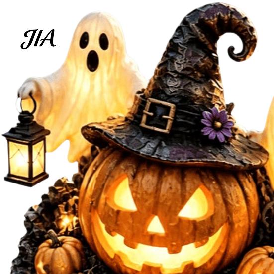 Illuminated Wizard Hat Pumpkin Solar Halloween Garden Stake Light, Waterproof LED Yard Decoration with Ground Plugs And Ghost, Outdoor Walkway