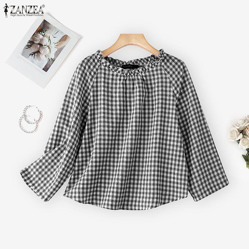 ZANZEA Women Plaid Print Casual Round Neck Long Sleeve Blouse