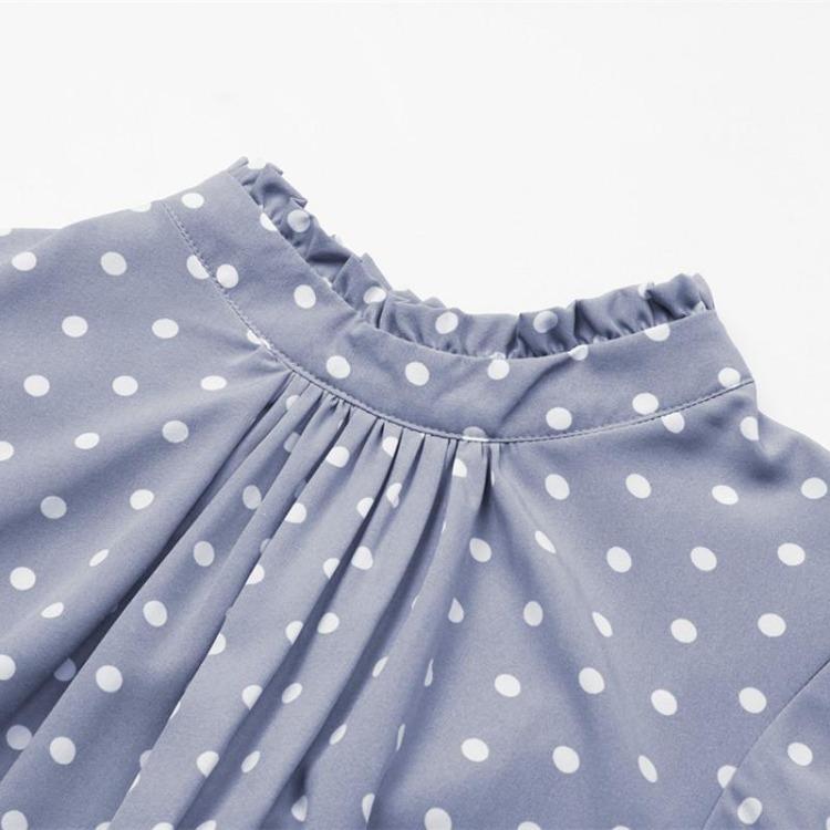 Women's Casual Crew Neck Polka Dot Printed Pleated Dress Short Long Sleeve Tie Spring Summer Mediumn