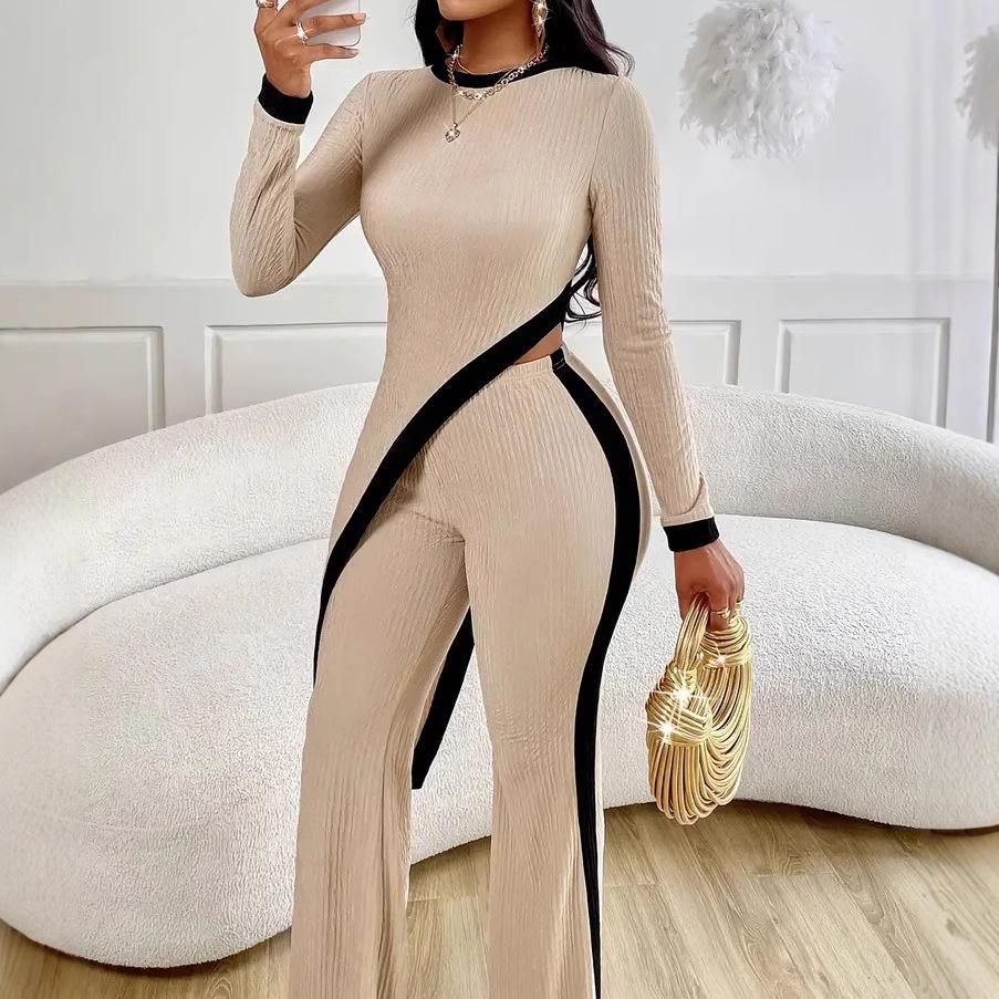 2025 Spring/Summer Women's Color Block Long Sleeve Side Slit T-Shirt & Patchwork Long Pants Set