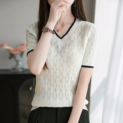 Suéter de Punto de Algodón Hueco Camiseta de Manga Corta para Mujer en Verano Nuevo Estilo Talla Grande Top que Cubre la Barriga Mujeres Delgadas