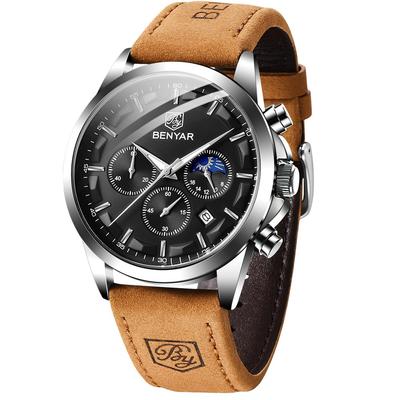 Benyar Men's Business Formal Leather Band Chronograph Multi-Calendar Waterproof Scratch-Resistant Analog Watch