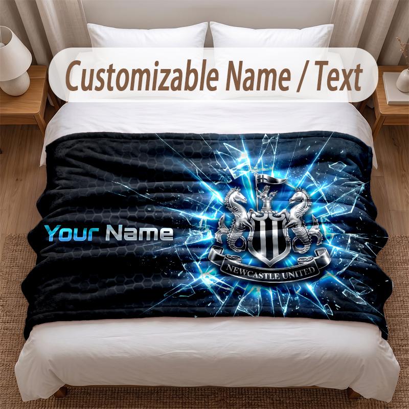 Newcastle United FC Printed Flannel Blanket Custom Name Text Soft Warm Throw For Bedroom Holiday Gift