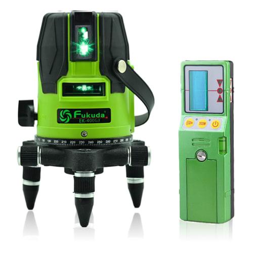 FUKUDA EK-400GX 5-Line Green Laser Level with Receiver, Compatible with Two Lithium Batteries, AA Batteries, and an AC Adapter, 4-Direction Large Squa