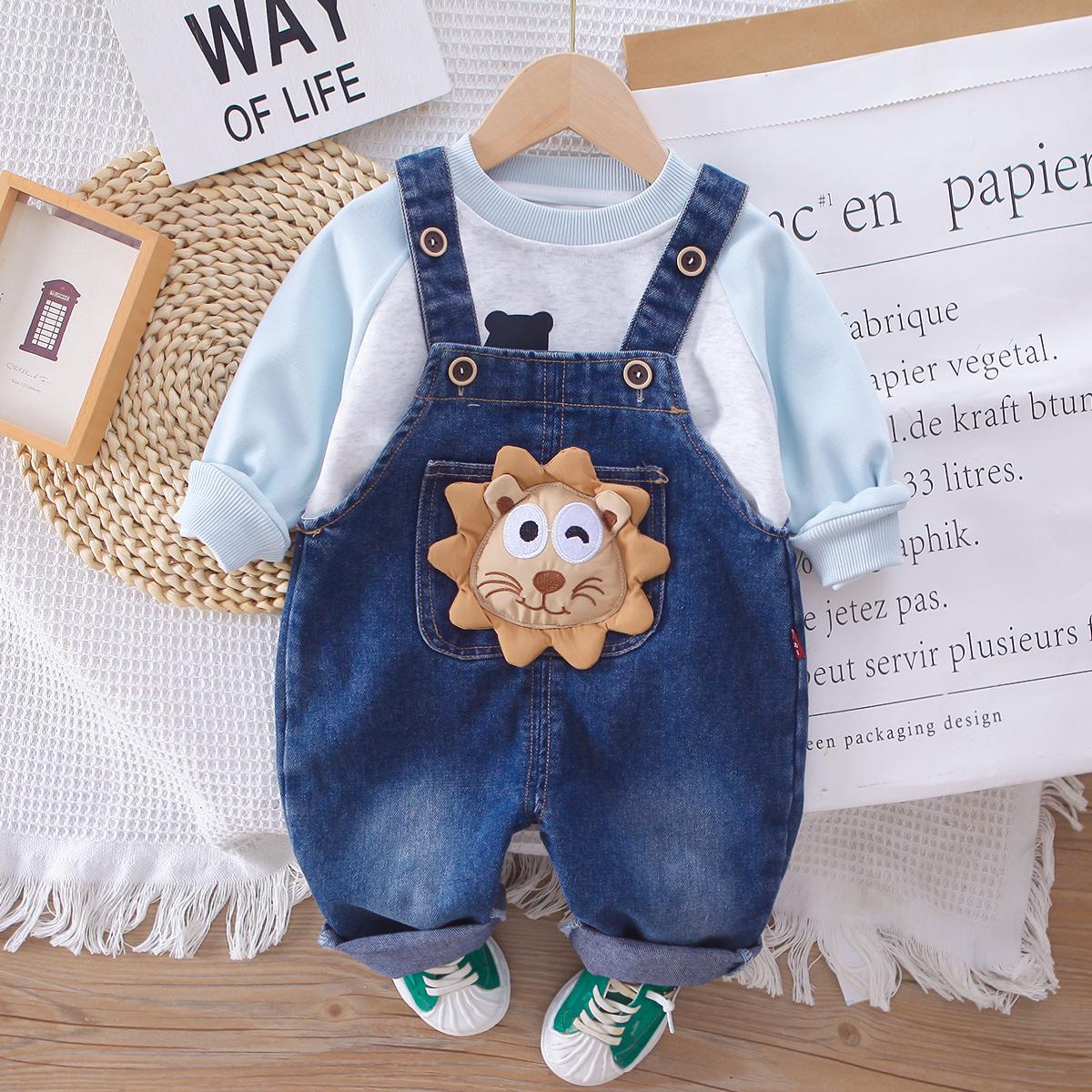 

Стильний дитячий джинсовий комбінезон на весну та осінь - Милий дитячий костюм-двійка 100 cm світло-синій колір
