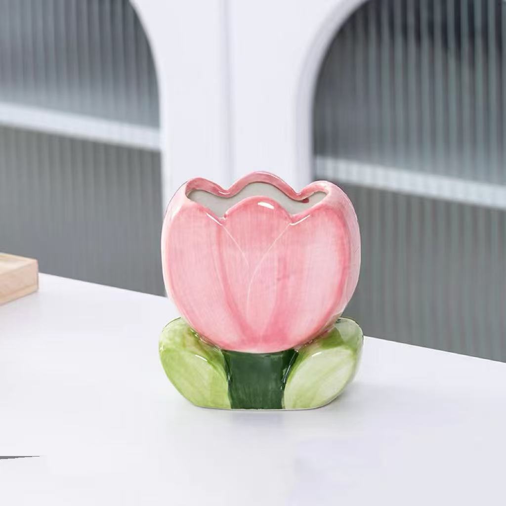 Creative Tulip Flower Ceramic Vase, Modern Minimalist Flower Arrangement Pot for Home Living Room Office Decor, Birthday Gift