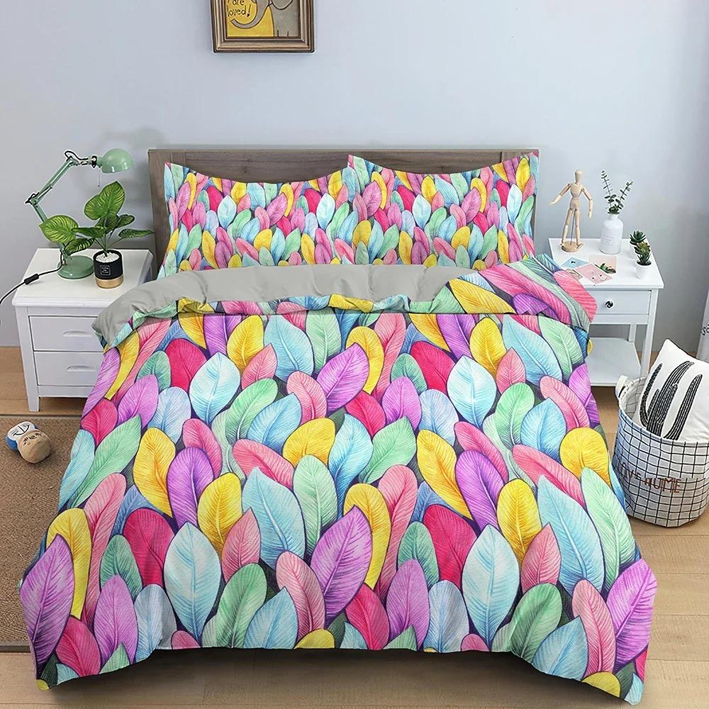 Colorful Feathers Pattern Bedding Set Soft Cozy Duvet Cover Set Luxury King Queen Quilt Cover for Bedroom Decor
