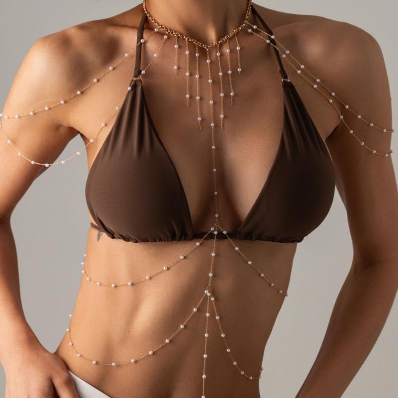 Draped Body Chain Jewelry Alloy Multi-Chain Torso Accessory for Vacation Outfits, Bikini Styling, Parties and Beachwear