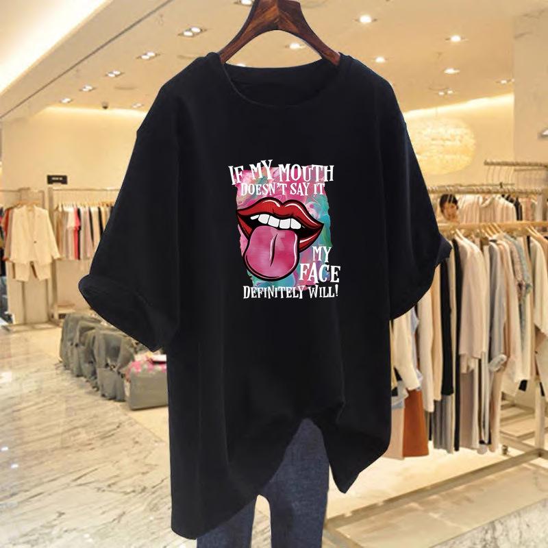 Women's White Printed Cotton Short-Sleeve Summer T-Shirt