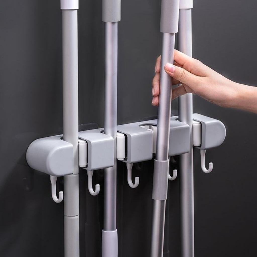 Wall Mounted Mop and Broom Rack | Bathroom Non Drilling Adhesive Storage Box | Heavy Plastic with Flexible Silicone Clip | Home Cleaning Tools