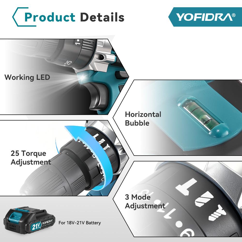 Yofidra 60N.M L 25+3 Torque Electric Impact Dril Cordless Electric Screwdriver With 32/53PCS Tool Kit Power Tool For 21V Battery