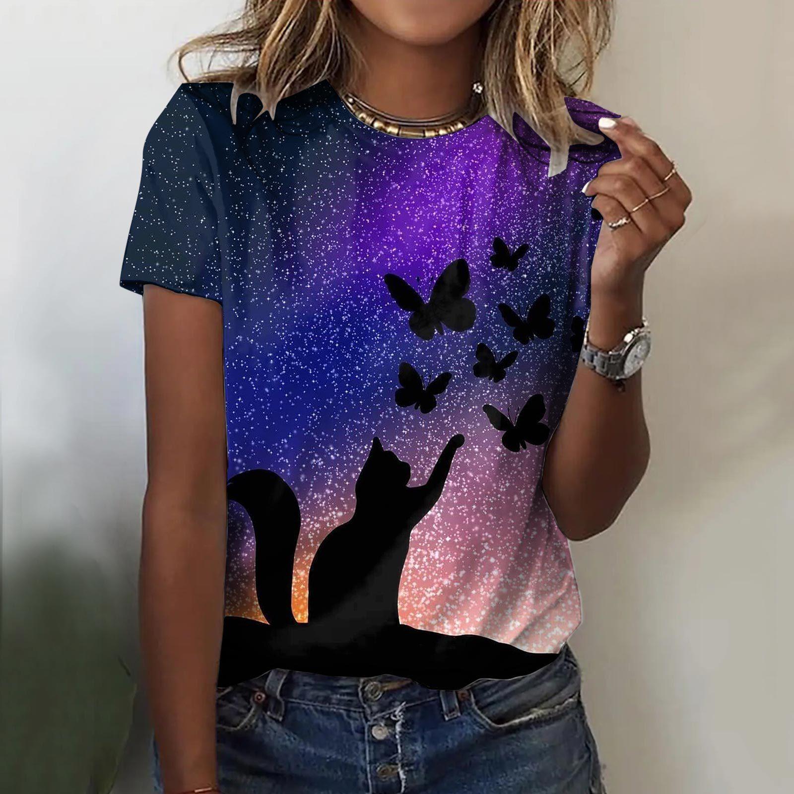 Fashion Women s Butterfly Printed Top Casual Short Sleeve T-Shirts Women’s S