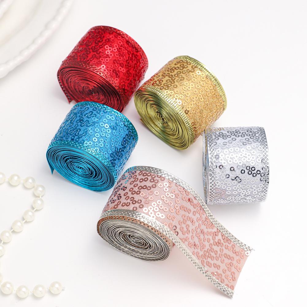 Christmas Decorative Satin Ribbon 38mm by 2 meters Fabric with Sparkling Sequins for Wrapping and Bow Crafting