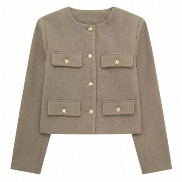 

Women s Beige Short Blazer Gold Buttons Pocket Detail Lapel Jacket S светло-зеленый