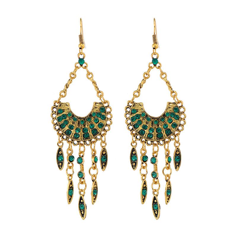 Retro crystal long fringed earrings Bohemian ethnic style personality temperament earrings Women's vacation earrings