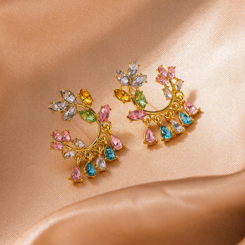 Imitation Silver Needle Inlaid Zircon Leaf Earrings Round Water Drop Pendant Earrings Light Luxury Advanced Feeling Small Fresh And Sweet Stud Earring
