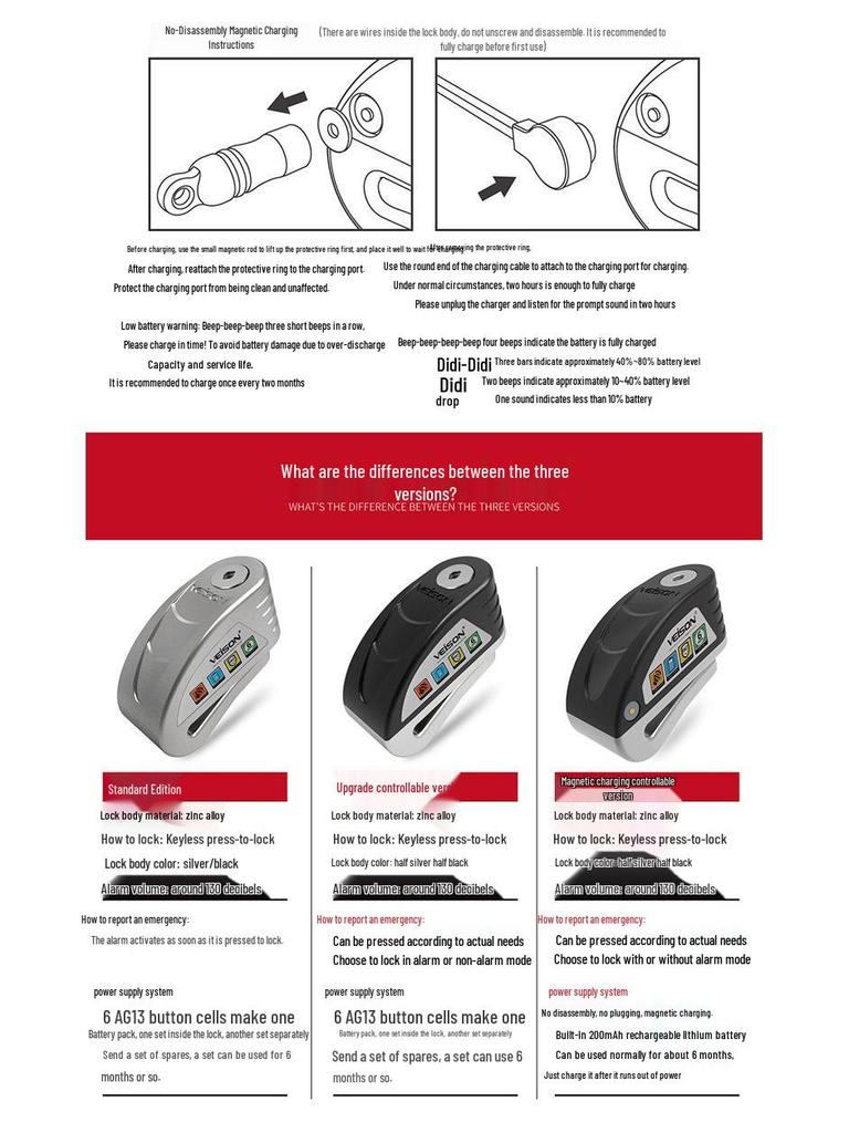 VEISON 2018 Smart Alarm Disc Brake Lock for Motorcycles & Electric Bikes