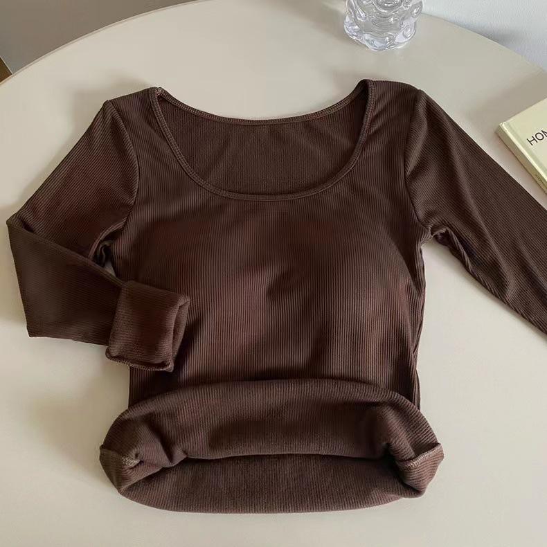 Korean Style Slim Fit Square Neck Brushed Velvet T-Shirt with Chest Pads for Autumn and Winter