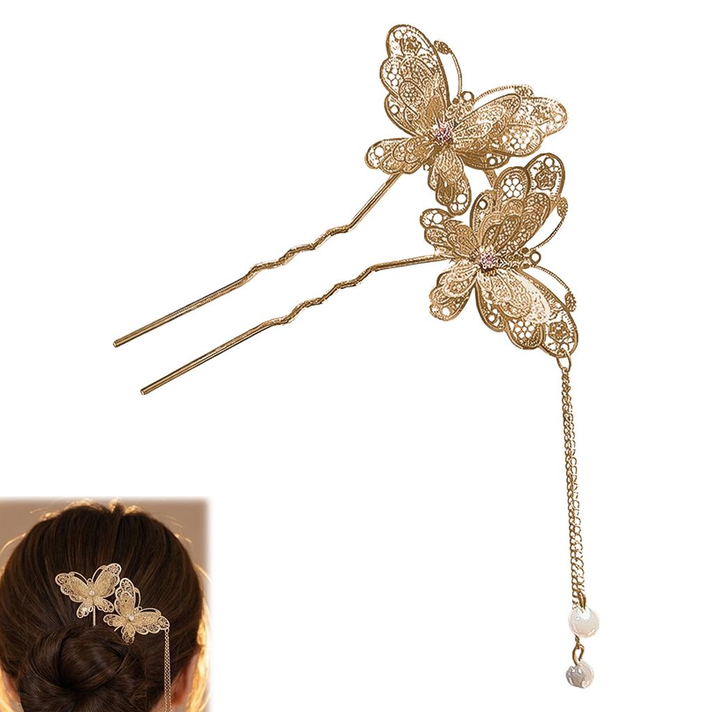 New Chinese Style Metal U-Shaped Butterfly Tassel Hair Stick For Women Elegant Simulated Pearl Hairpin Hair Accessories Gift
